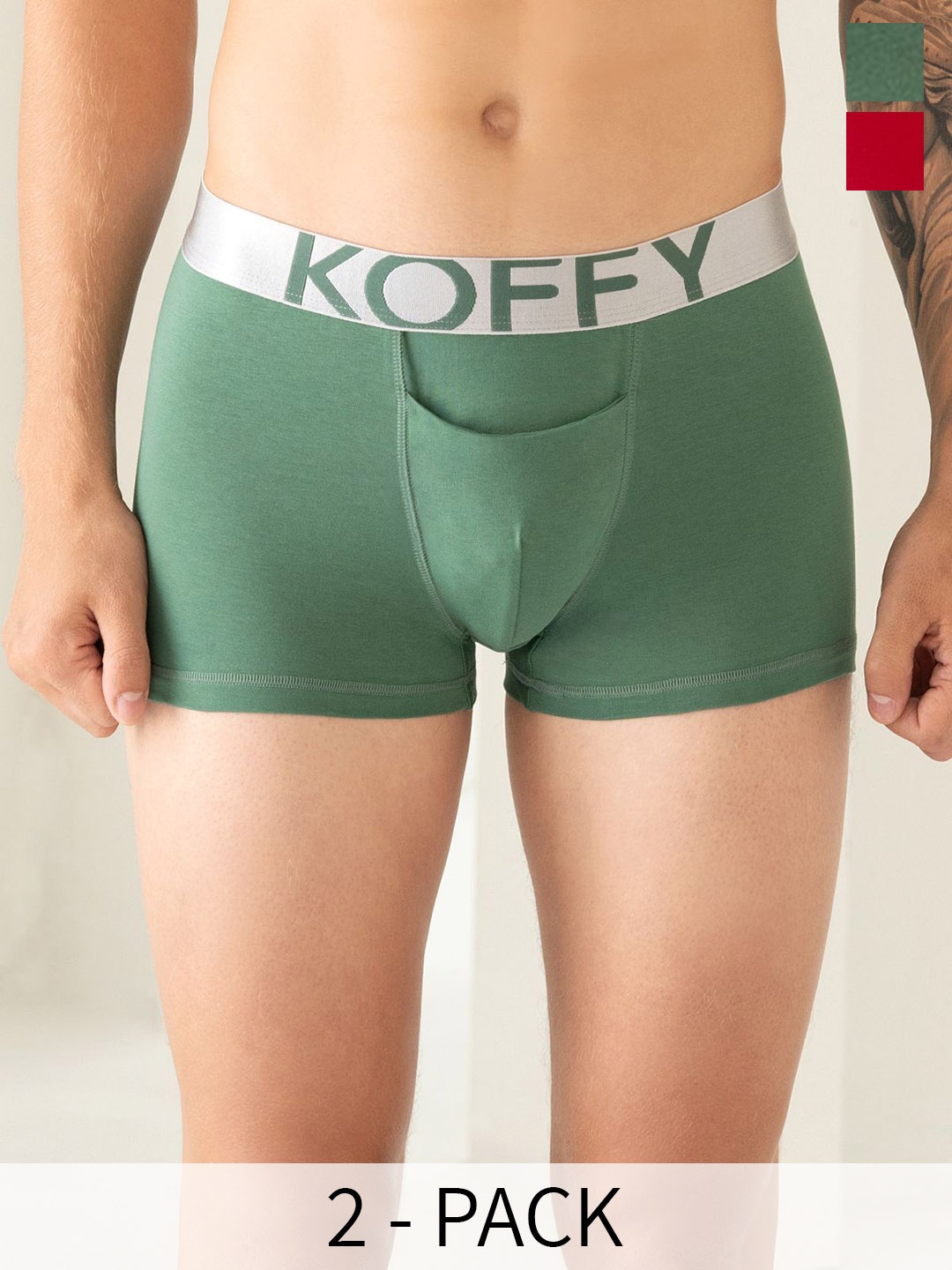 KOFFY Pack Of 2 Cotton Mid-Rise Trunks KOFFY_KI24_TGRD_GN_2PC, Red