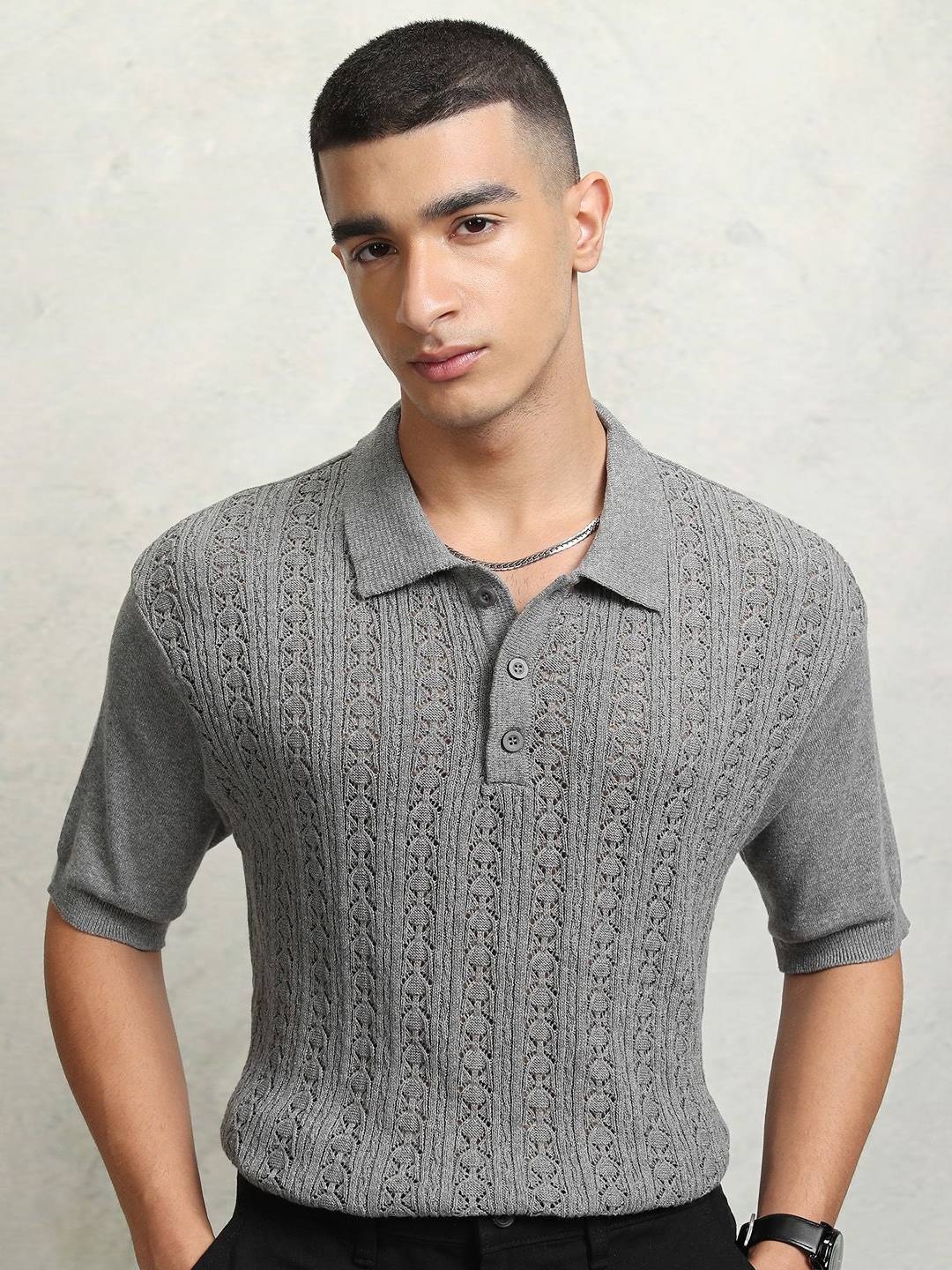 

Highlander Men Relaxed Fit Knitted Self-Design Half Sleeve Half Placket T-Shirt, Grey
