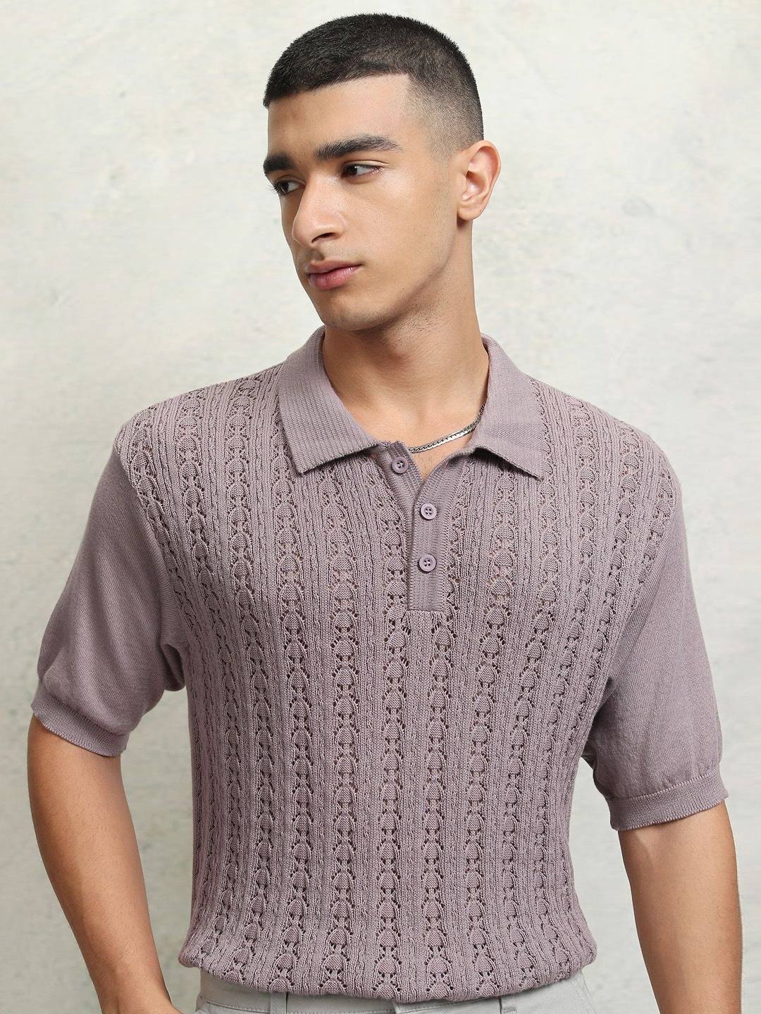 HIGHLANDER Men Knitted Self-Design Relaxed Fit Half Sleeve Half Placket T-Shirt, Mauve