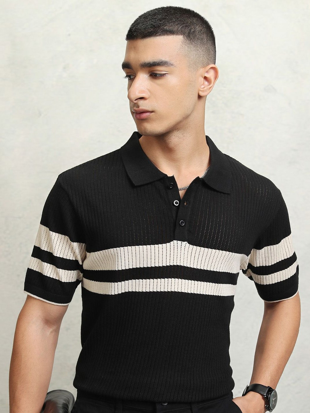 

Highlander Men Relaxed Fit Striped Knitted Half Sleeve Half Placket T-Shirt, Black