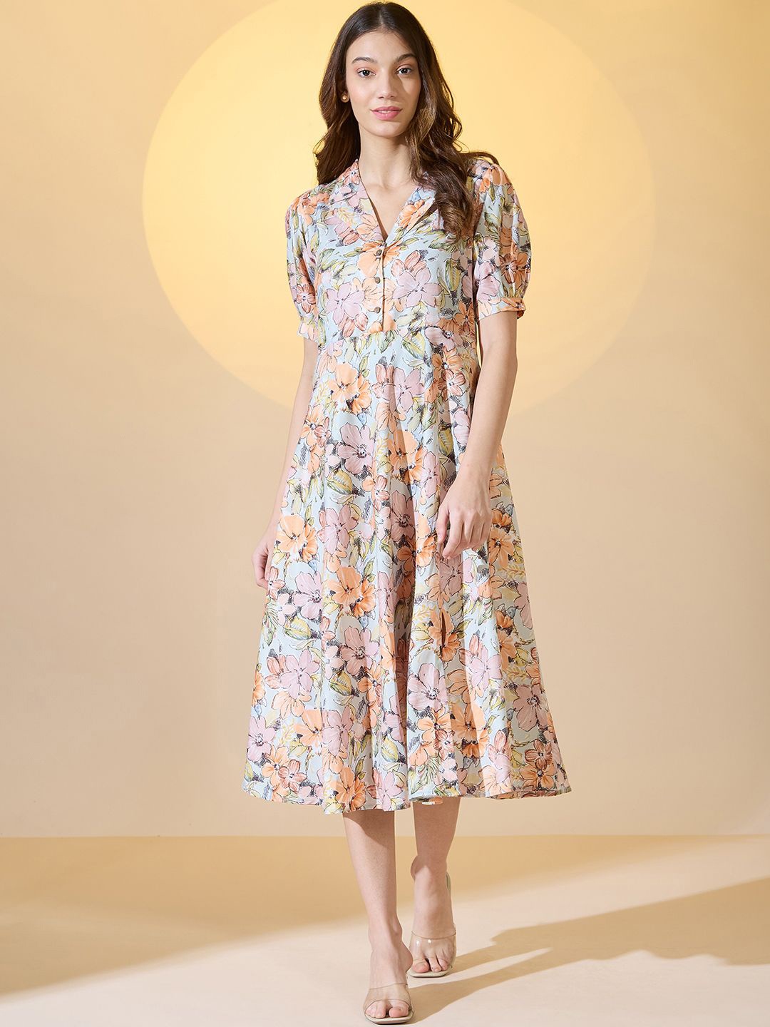 

DressBerry Floral Print Crepe A-Line Midi Dress, Peach