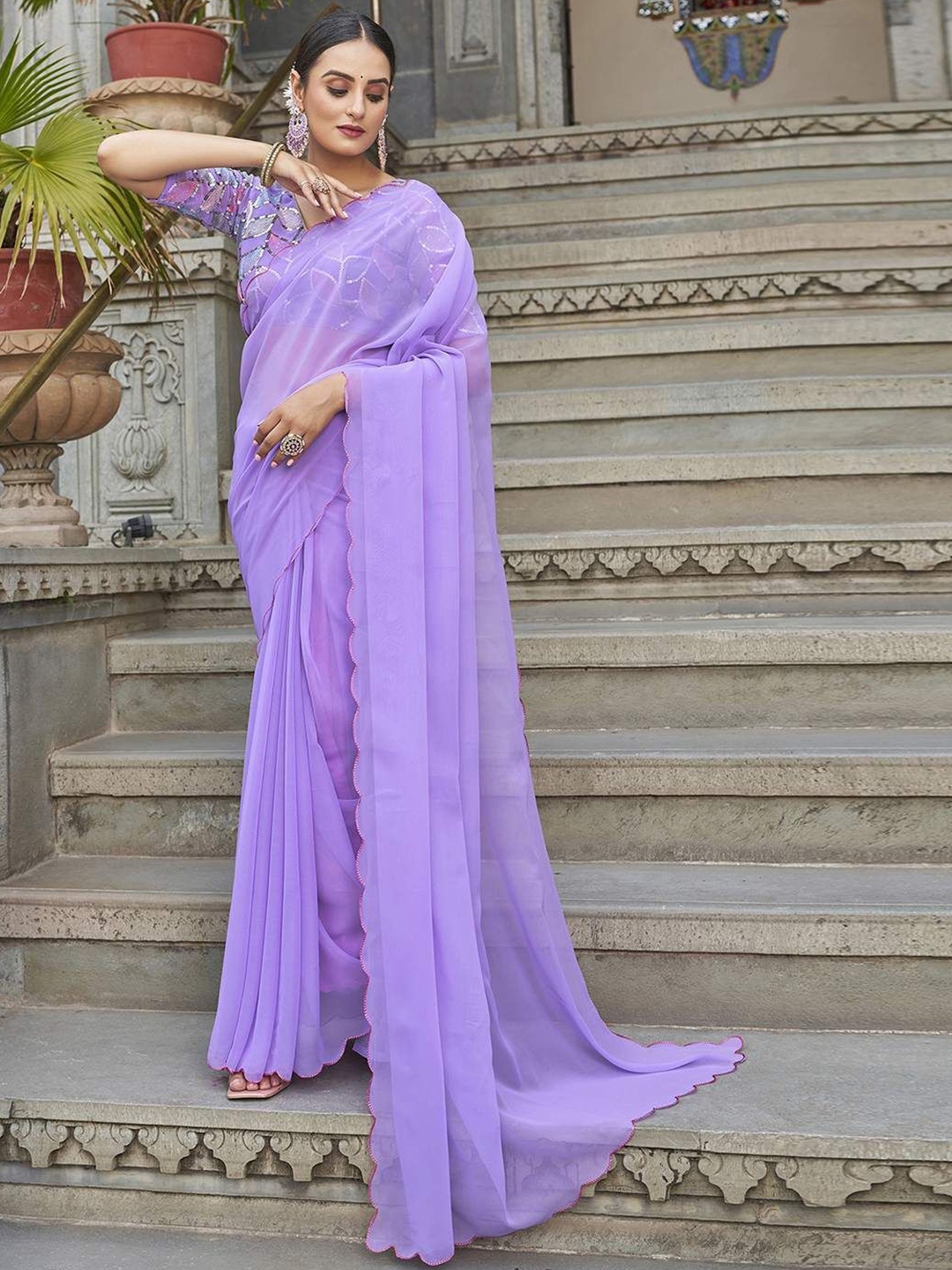 

Jinal & Jinal Embroidered Pure Georgette Saree, Lavender