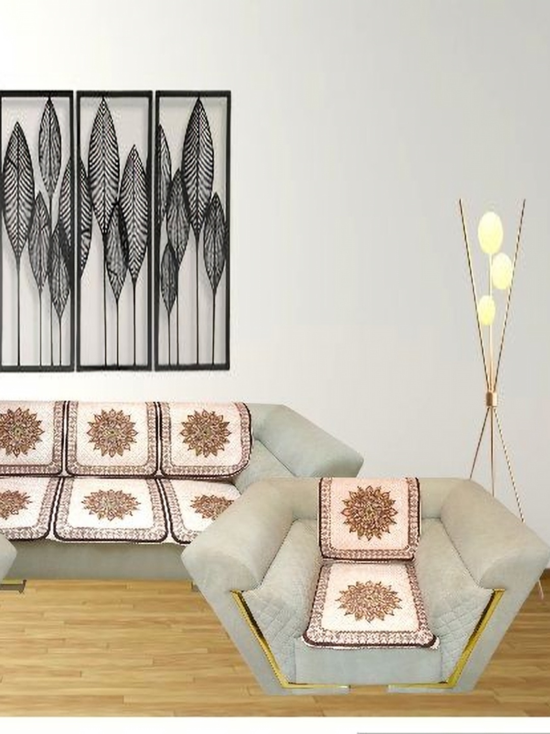TANLOOMS Cream-Coloured & Brown Printed Velvet Sofa Cover