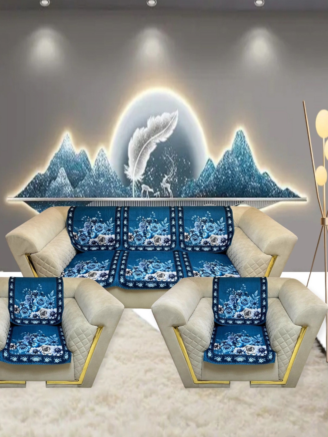 

TANLOOMS Blue Printed Velvet Sofa Cover