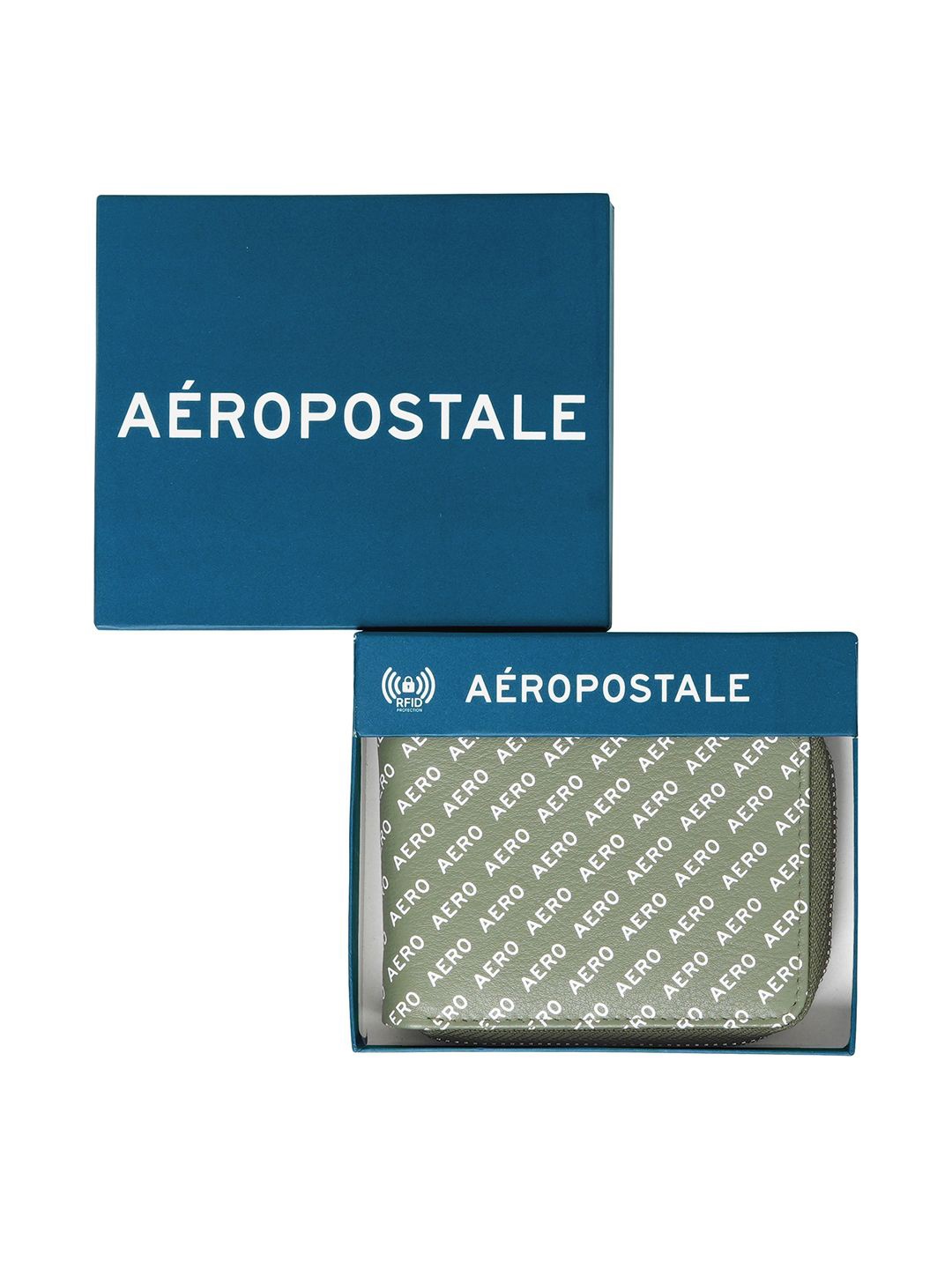 

Aeropostale Men Typography Leather Zip Around Wallet, Olive
