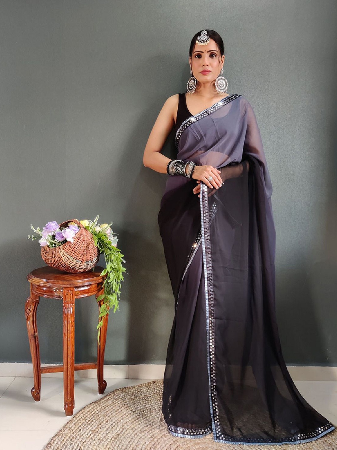 

JULEE Embroidered Pure Georgette Ready to Wear Saree, Grey