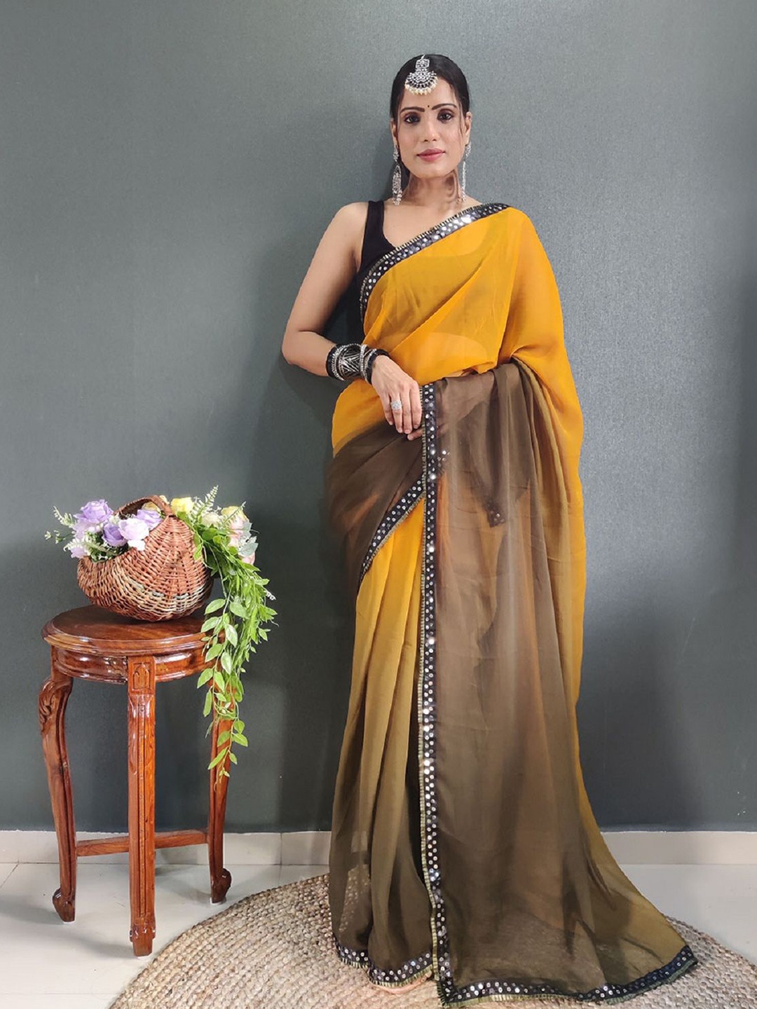 

JULEE Ombre Embroidered Pure Georgette Ready to Wear Saree, Olive