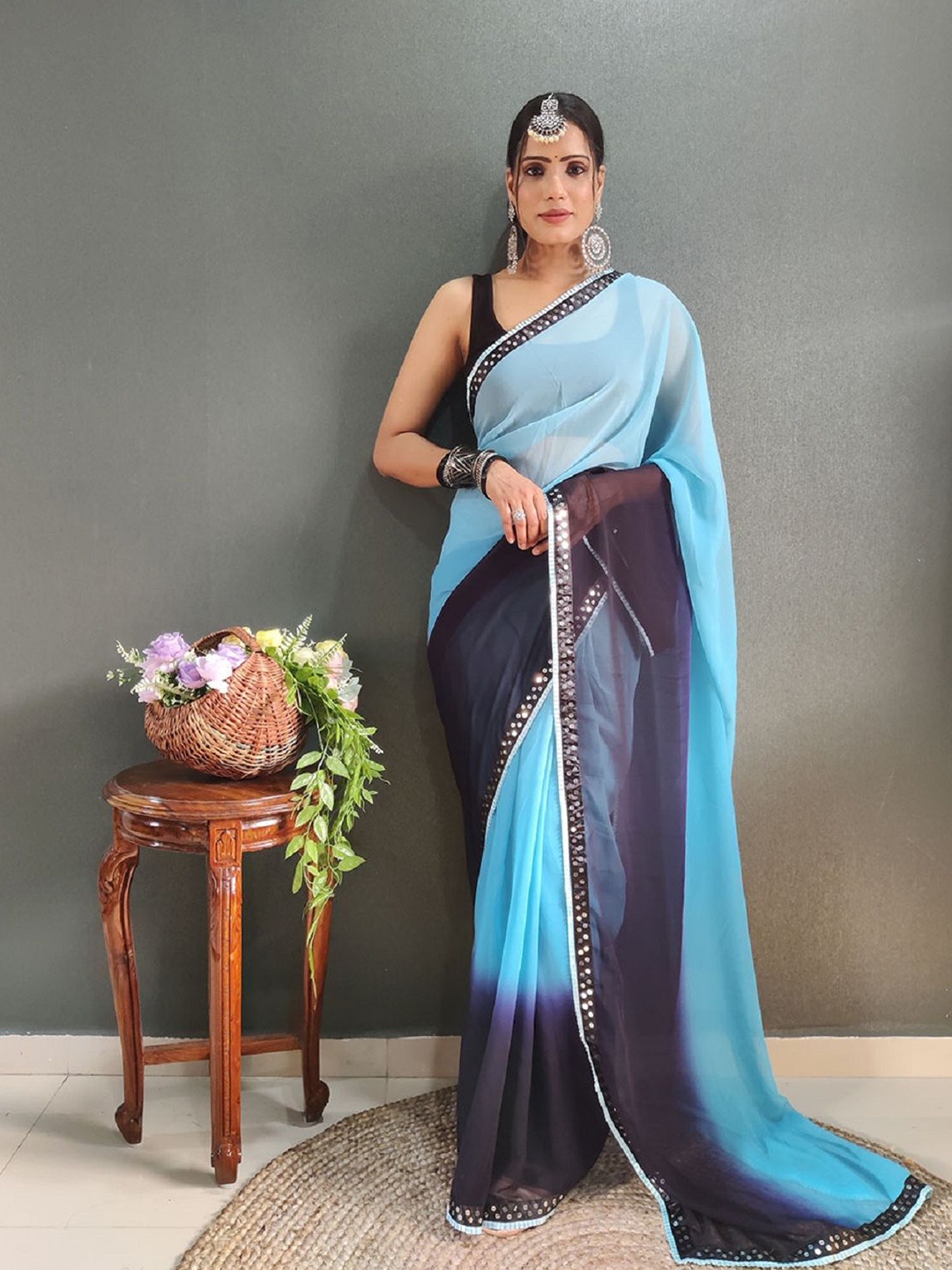 

JULEE Ombre Embroidered Pure Georgette Ready to Wear Saree, Turquoise blue