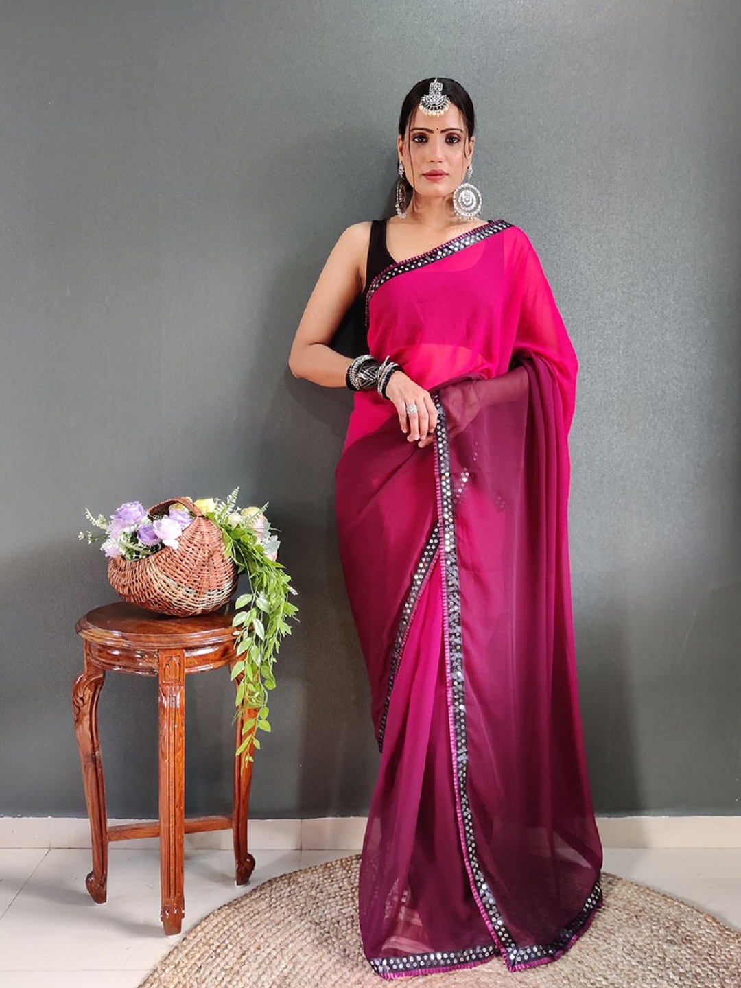 

JULEE Ombre Sequinned Pure Georgette Ready to Wear Saree, Purple