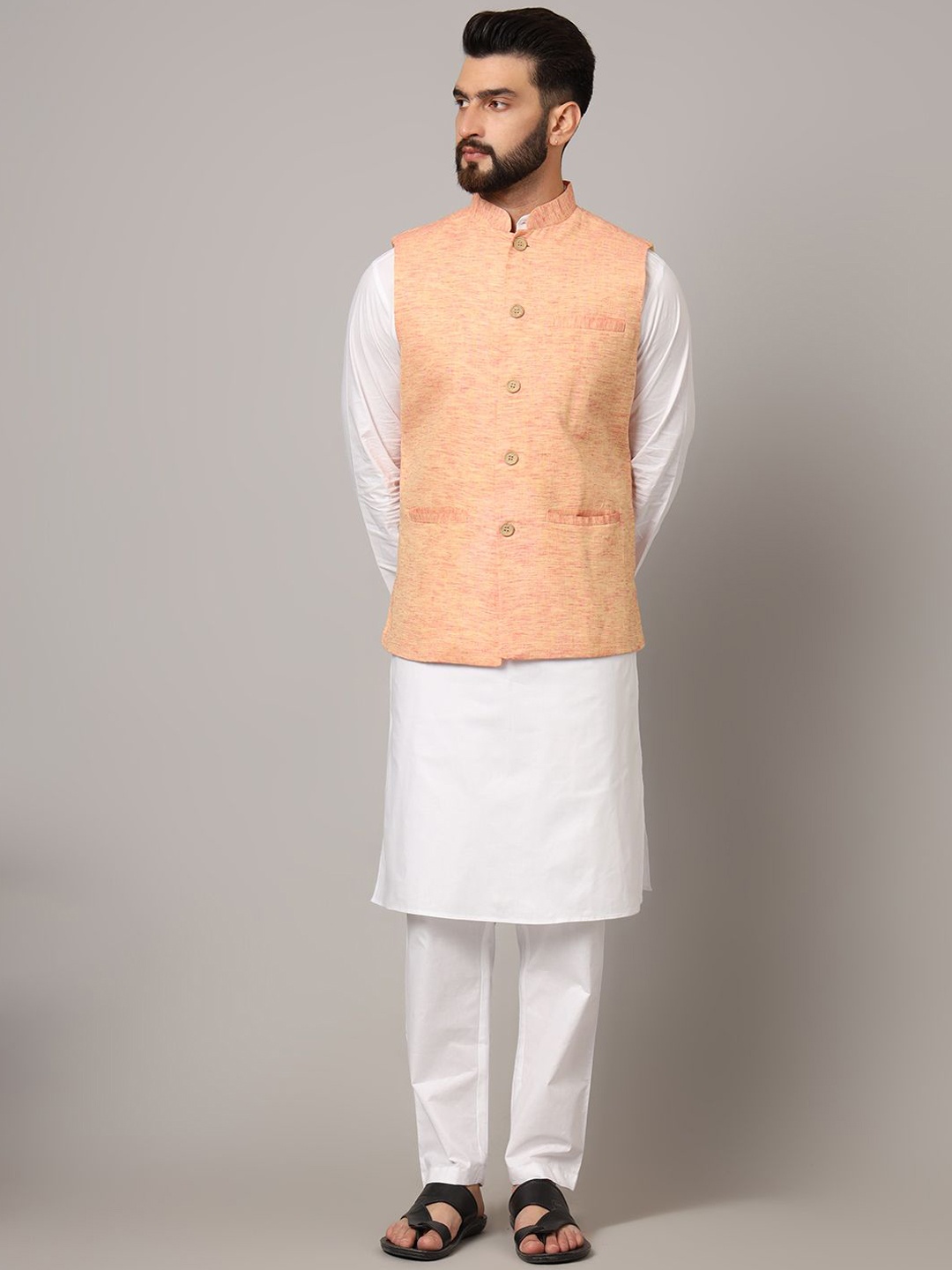 

Latest Chikan Garments Men Self Design Nehru Jackets, Peach