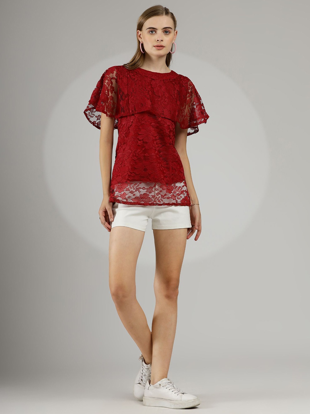 

WESTHOOD Floral Lace Top, Red