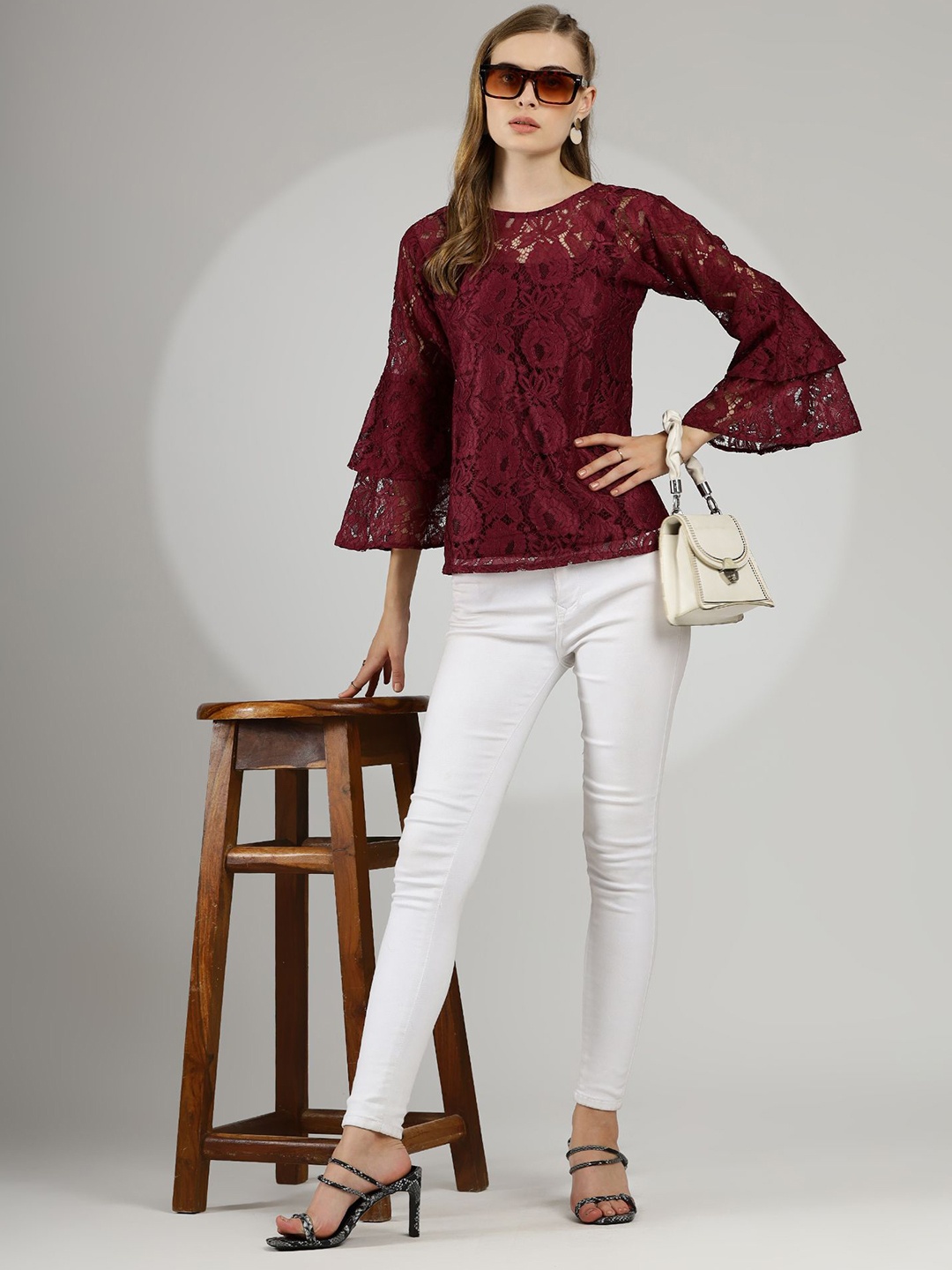 

WESTHOOD Bell Sleeve Lace Top, Maroon