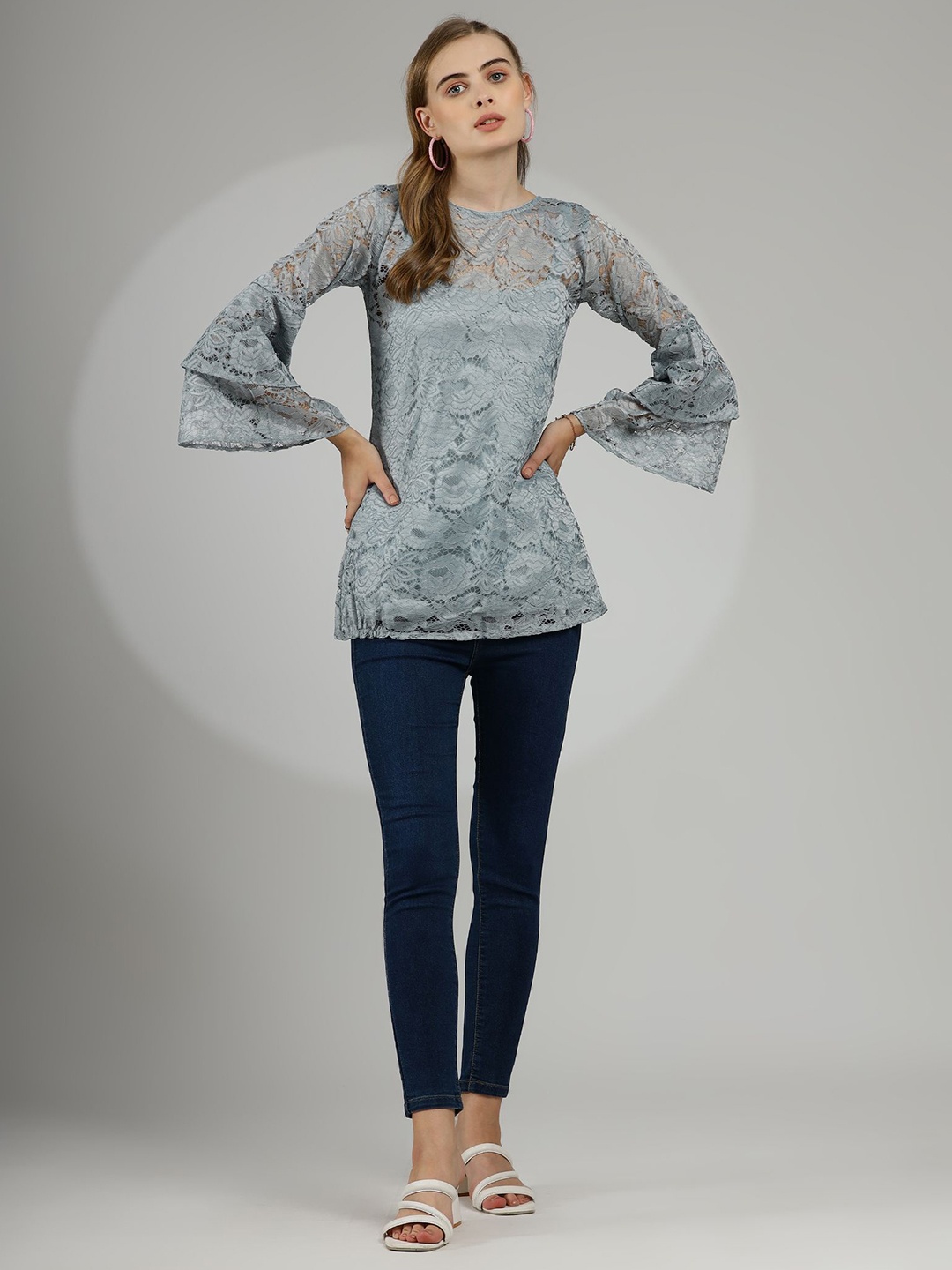 

WESTHOOD Bell Sleeve Lace Top, Grey