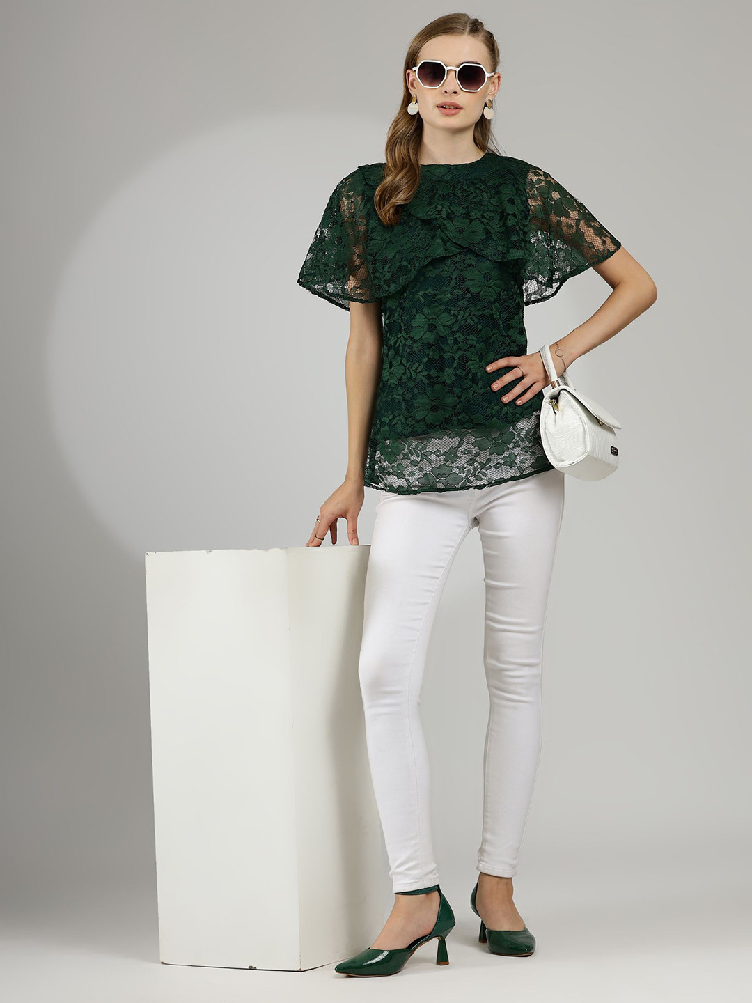 

WESTHOOD Floral Lace Top, Green
