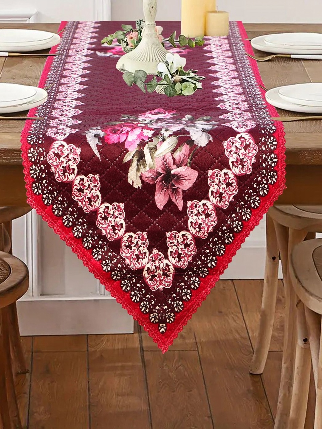 

LooMantha Maroon & Pink Floral Printed Cotton Table Runner