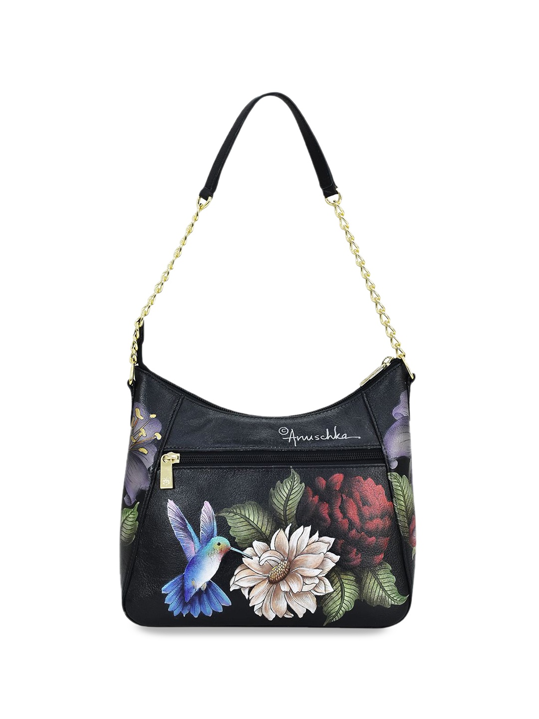 

Anuschka Floral Printed Leather Structured Sling Bag with Tasselled, Black