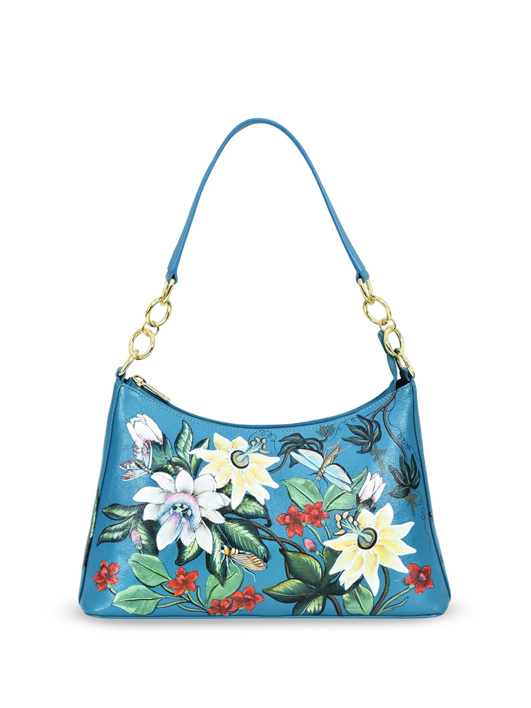 

Anuschka Floral Leather Half Moon Shoulder Bag with Cut Work, Blue