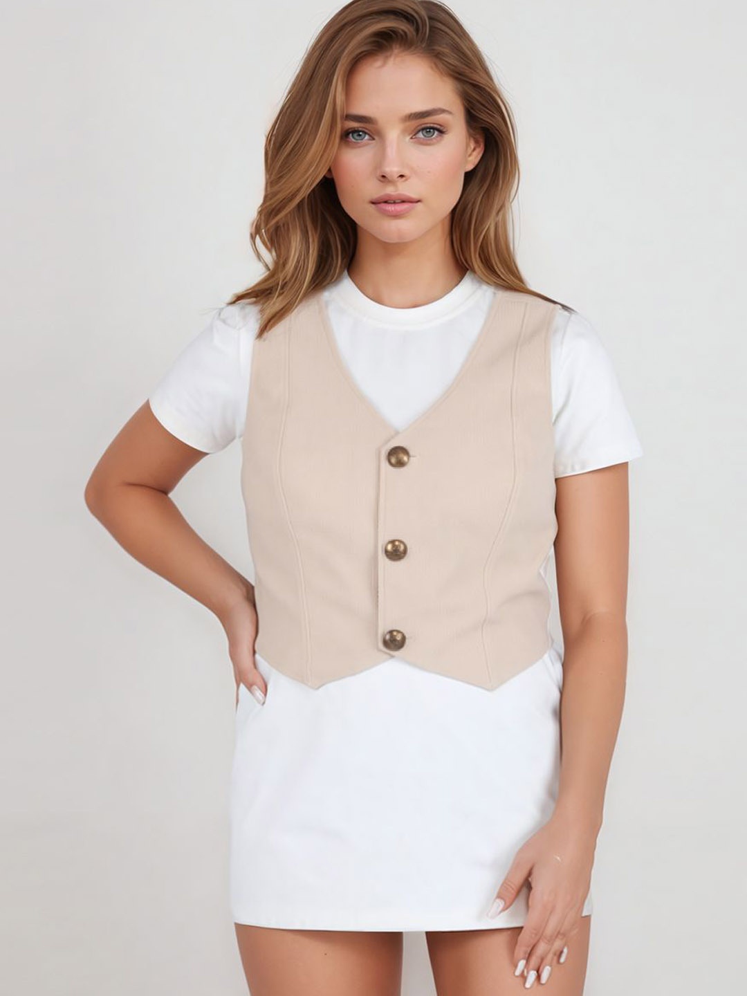 

Bunny Corset Woven Design Sleeveless Waistcoat, Beige