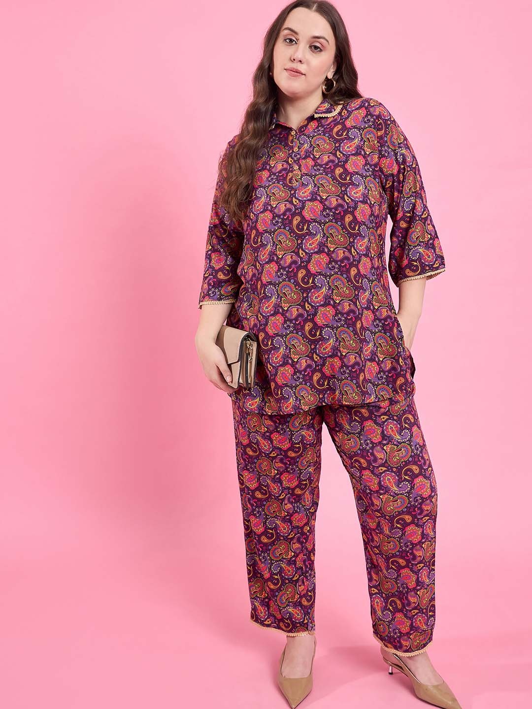 

AUSTIVO Printed Top With Trouser Co-Ords, Purple