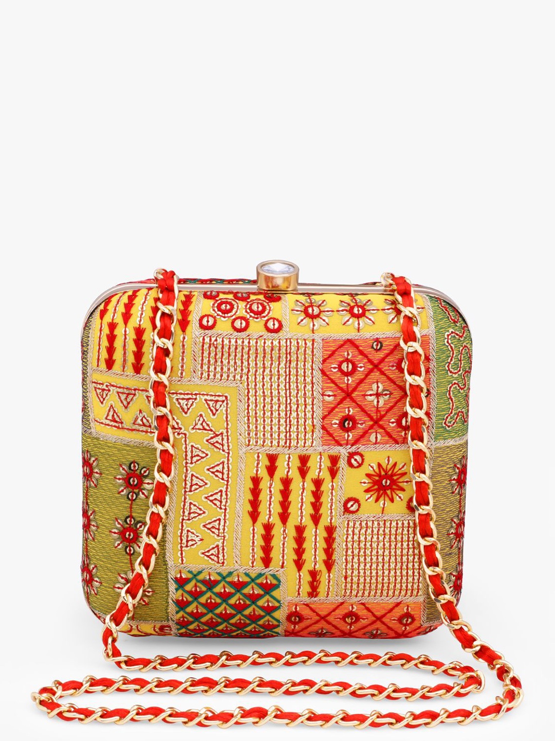 

Vdesi Embroidered Box Clutch, Yellow