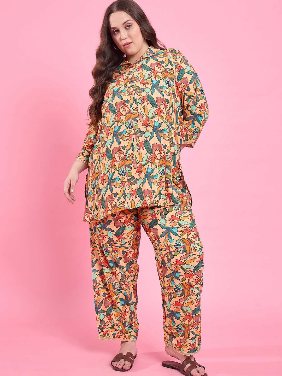 AUSTIVO Printed Short Sleeve Top & Trouser Co-Ords, Beige