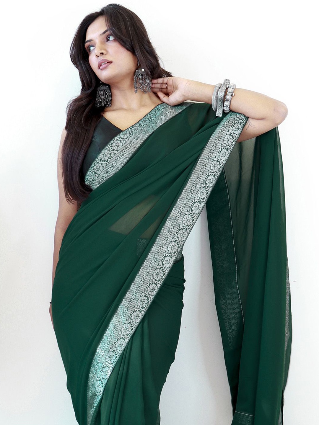 

KALINI Zari Poly Georgette Ready to Wear Saree, Green