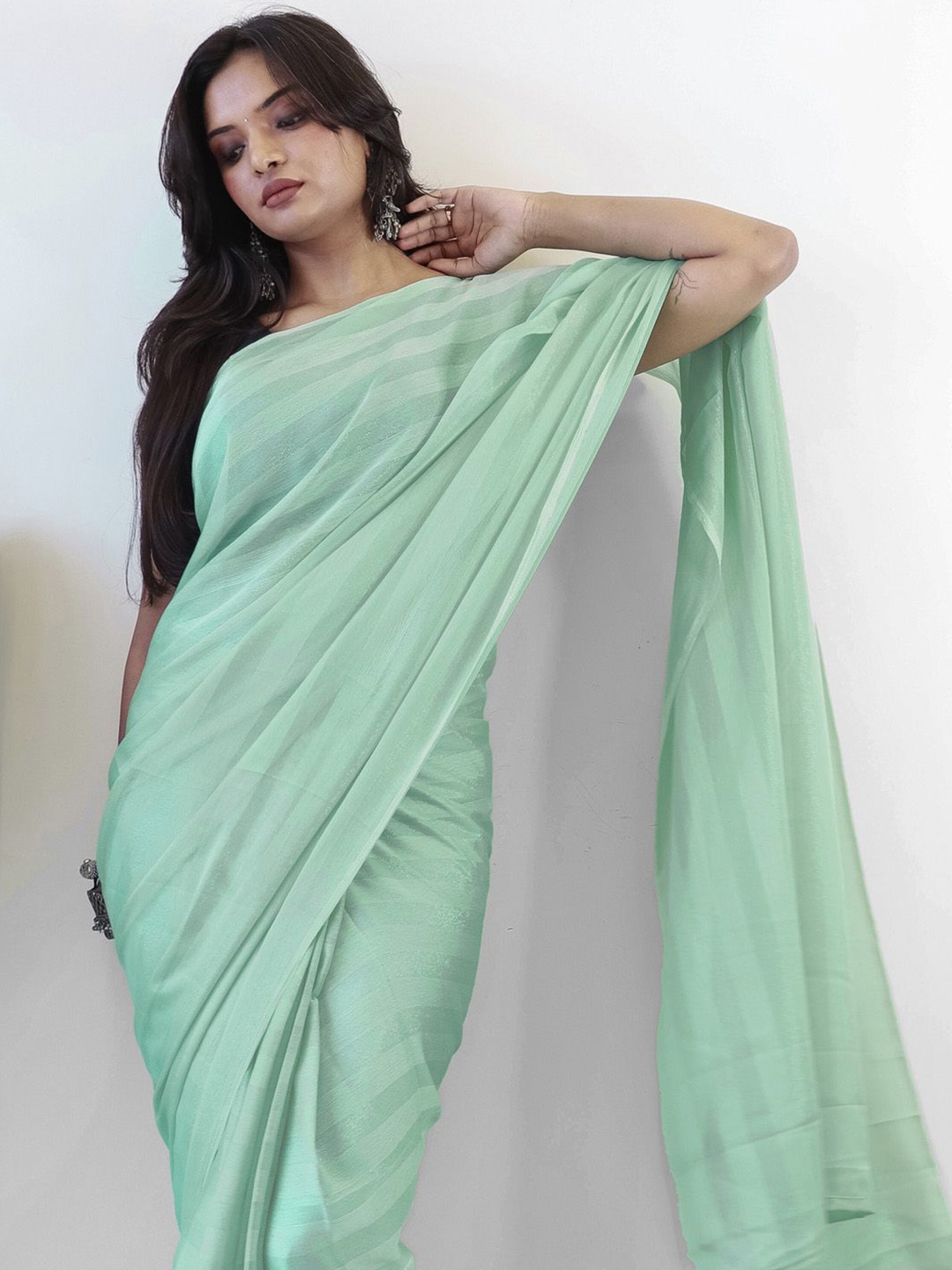 

KALINI Striped Poly Georgette Ready to Wear Saree, Turquoise blue