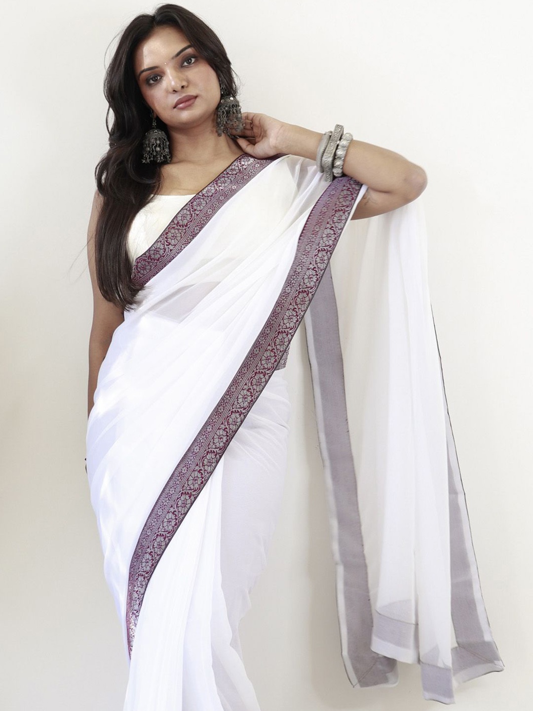 

KALINI Zari Poly Georgette Ready to Wear Saree, White