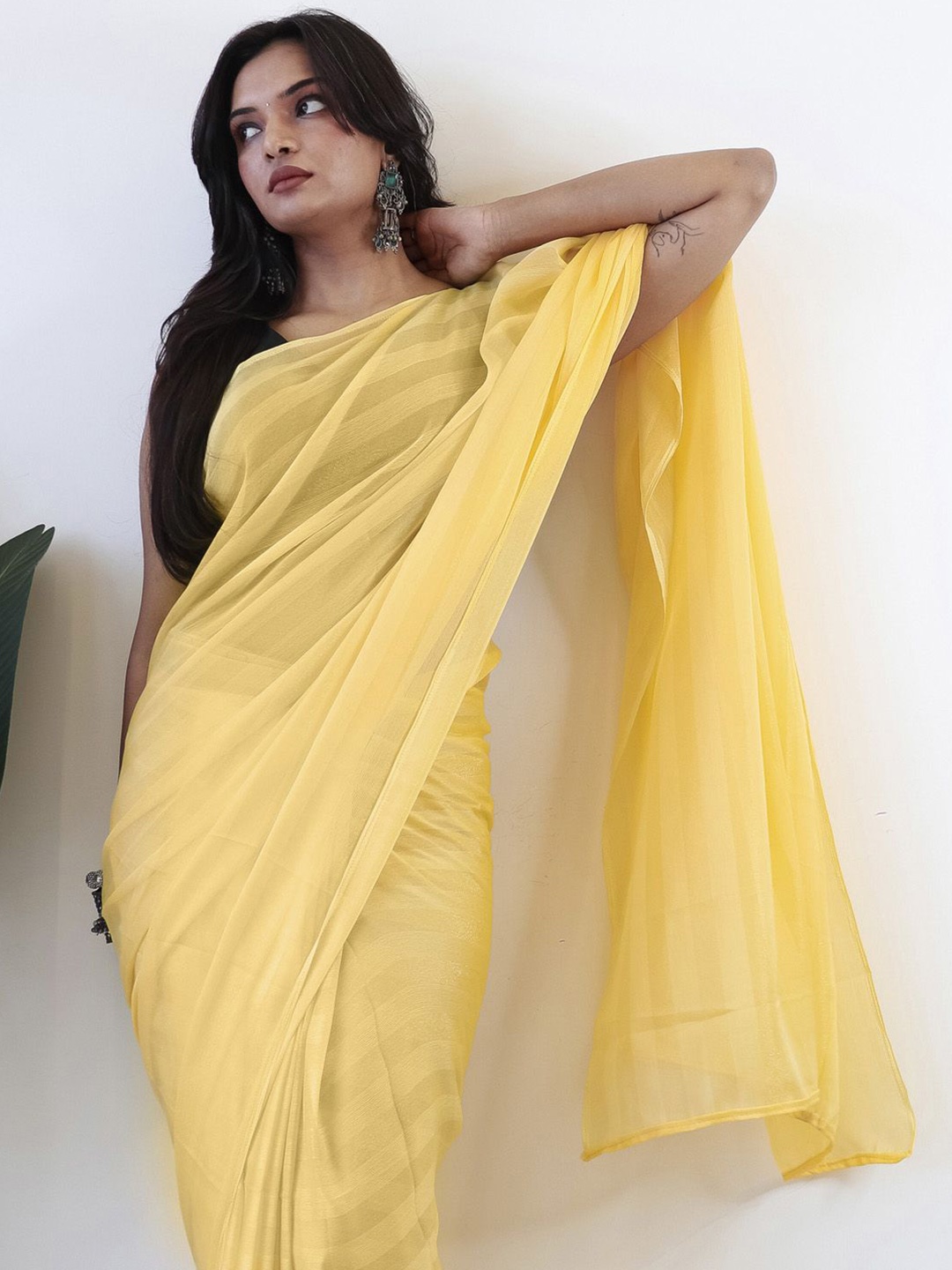 

KALINI Striped Poly Georgette Ready to Wear Saree, Yellow