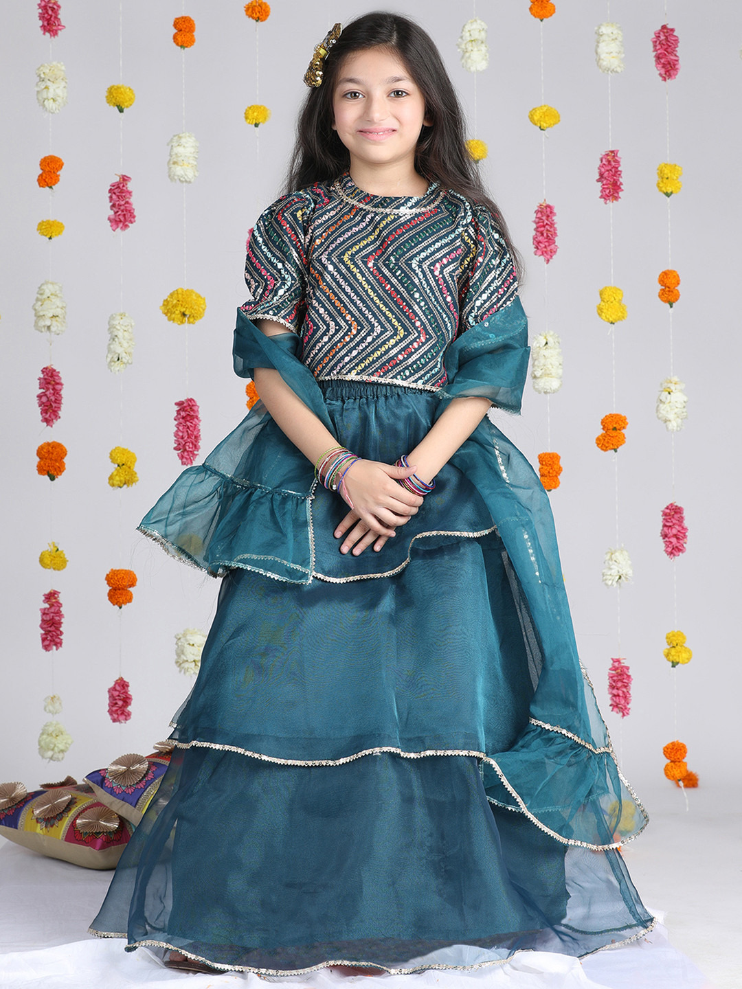 

Cutiekins Girls Embroidered Mirror Work Ready to Wear Lehenga & Blouse With Dupatta, Teal