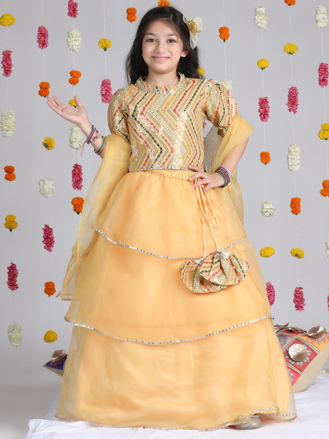 

Cutiekins Girls Embroidered Sequinned Ready to Wear Lehenga & Blouse With Dupatta, Mustard