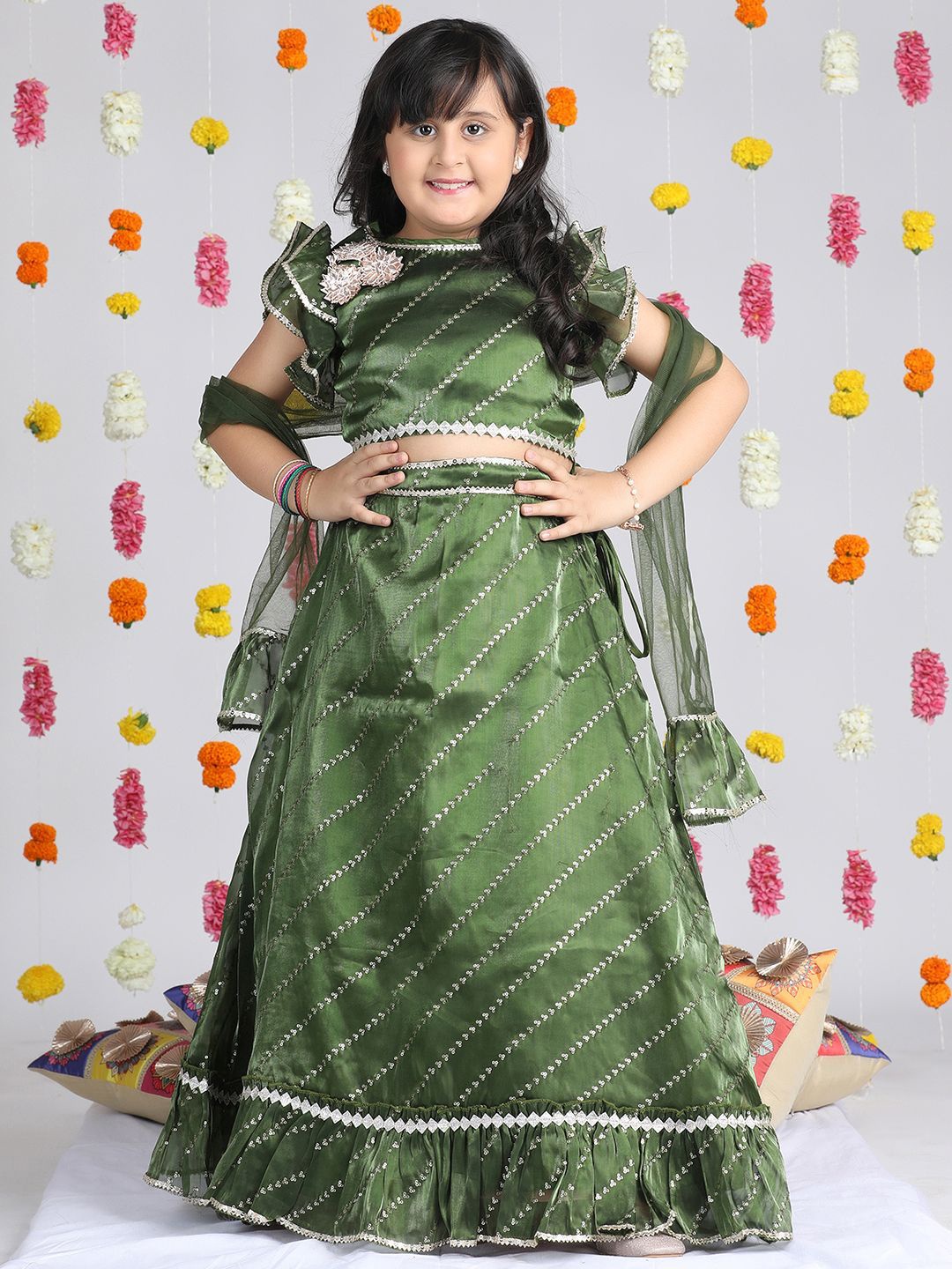 

Cutiekins Girls Embroidered Sequinned Ready to Wear Lehenga & Blouse With Dupatta, Olive