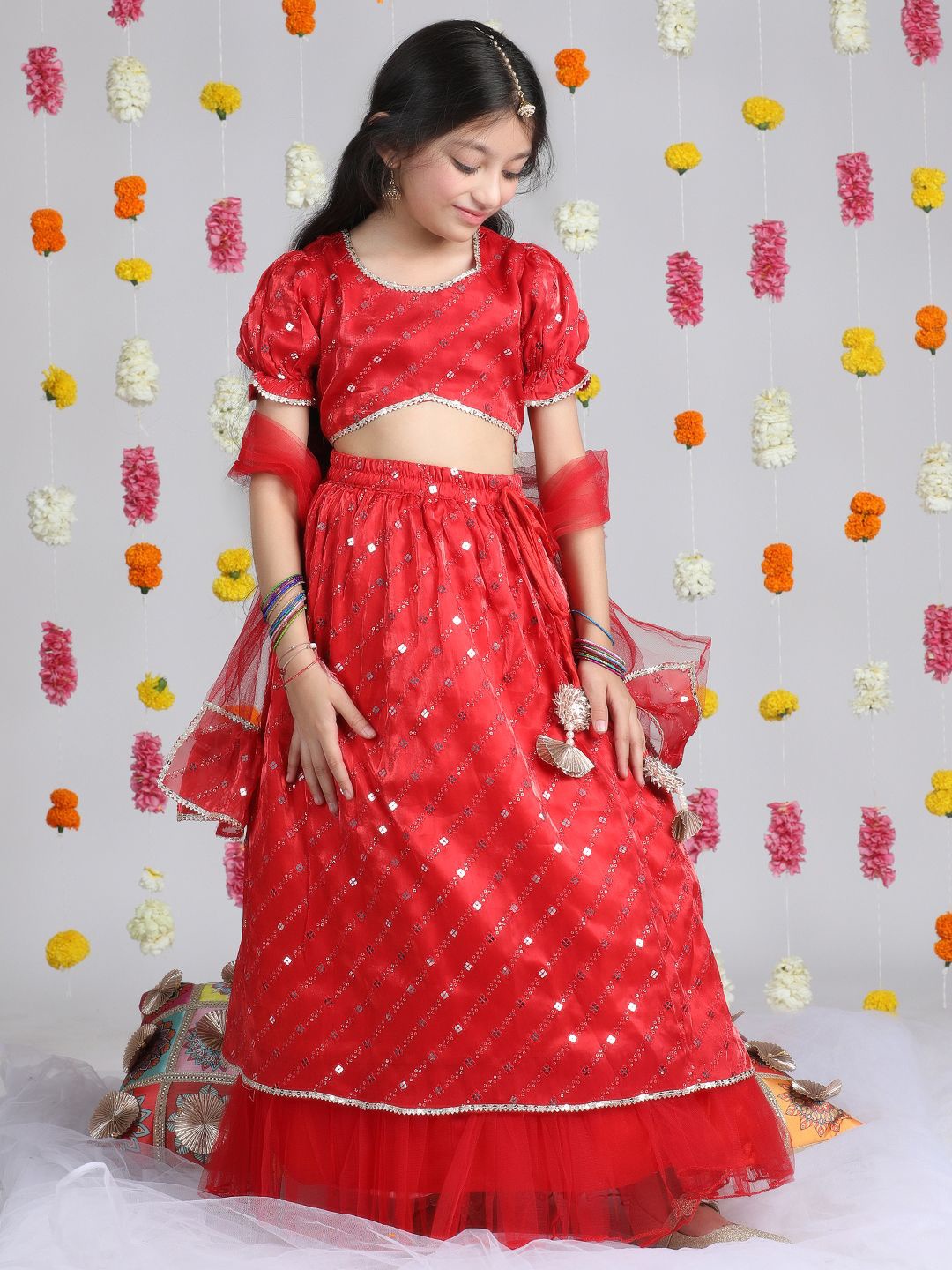 Cutiekins Girls Embroidered Mirror Work Ready to Wear Lehenga & Blouse With Dupatta, Red