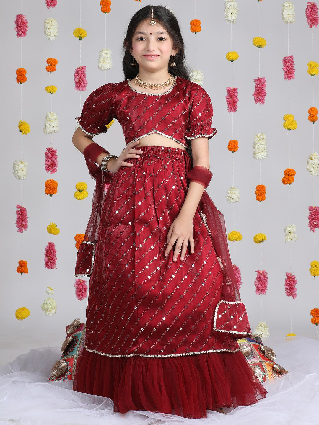 

Cutiekins Girls Embroidered Mirror Work Ready to Wear Lehenga & Blouse With Dupatta, Maroon