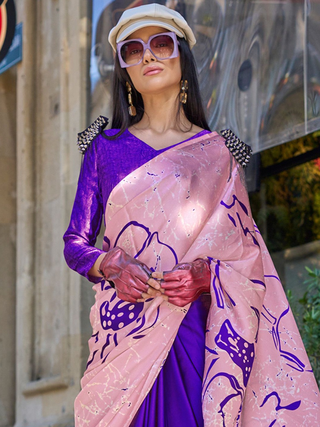 

Mitera Satin Block Print Saree, Purple