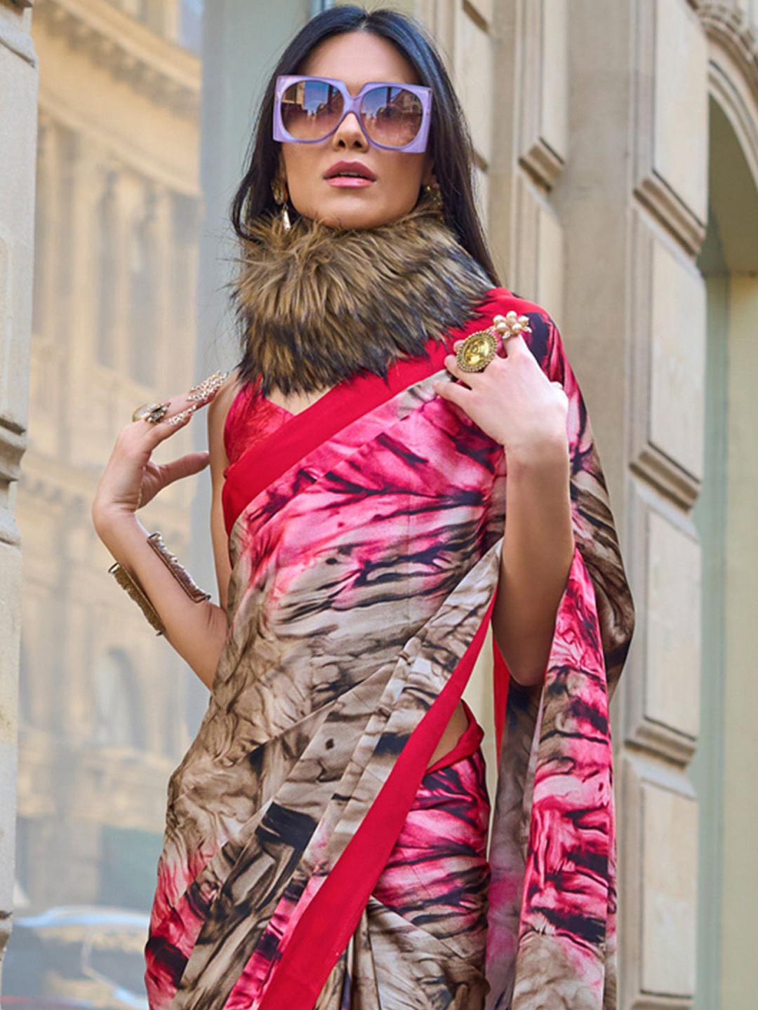 

Mitera Satin Block Print Saree, Beige