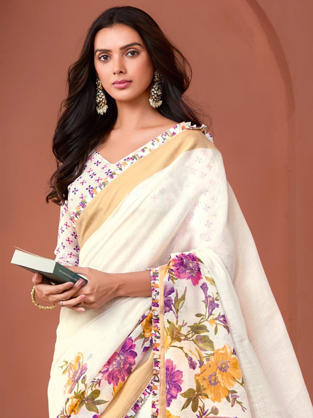 

Mitera Floral Linen Blend Saree, White