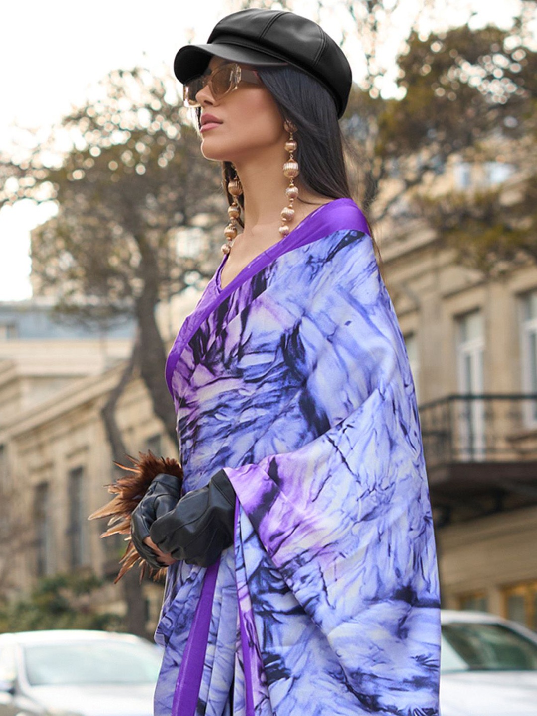 

Mitera Satin Block Print Saree, Lavender