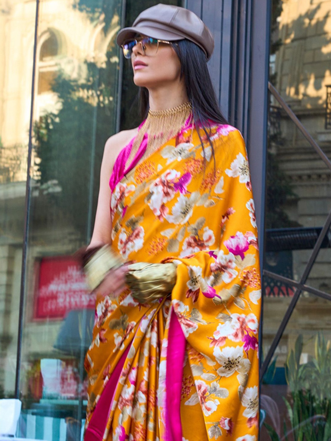 

Mitera Floral Satin Block Print Saree, Mustard