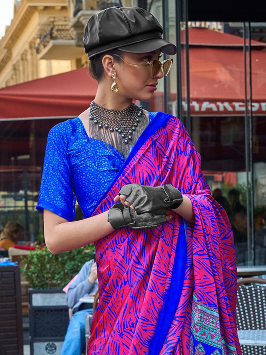 

Mitera Satin Block Print Saree, Pink