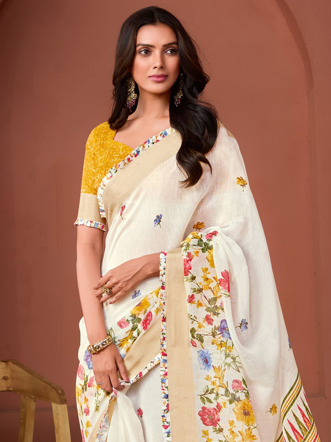 

Mitera Floral Linen Blend Saree, White