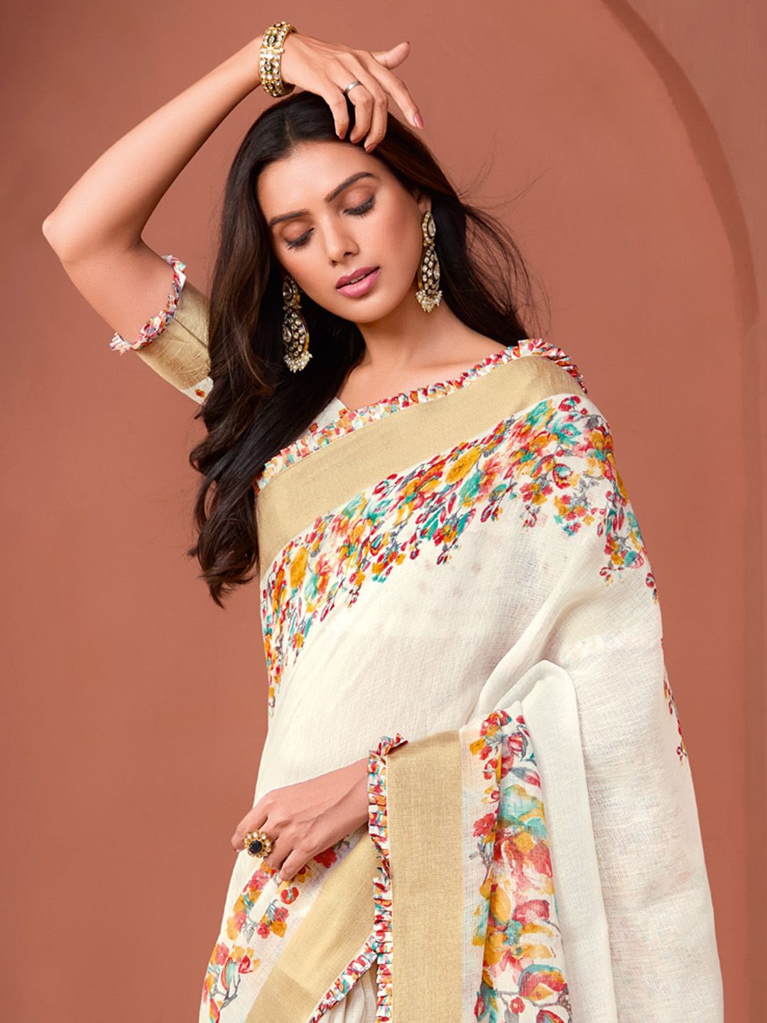 

Mitera Floral Linen Blend Saree, White