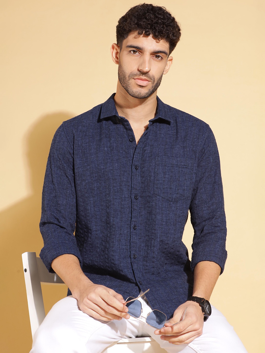 

HERE&NOW Men Slim Fit Opaque Printed Casual Shirt, Navy blue