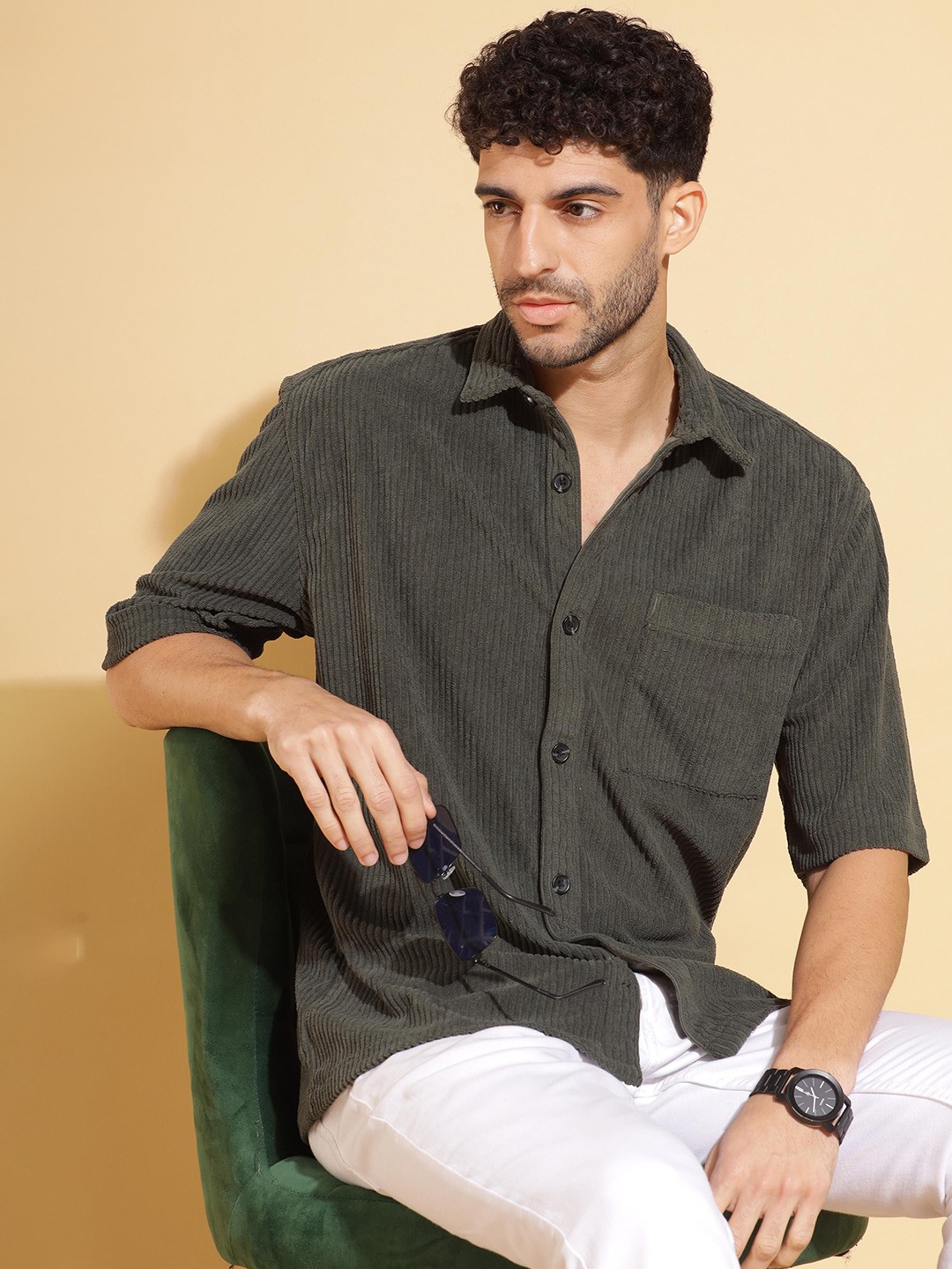

HERE&NOW Men Opaque Printed Casual Shirt, Olive