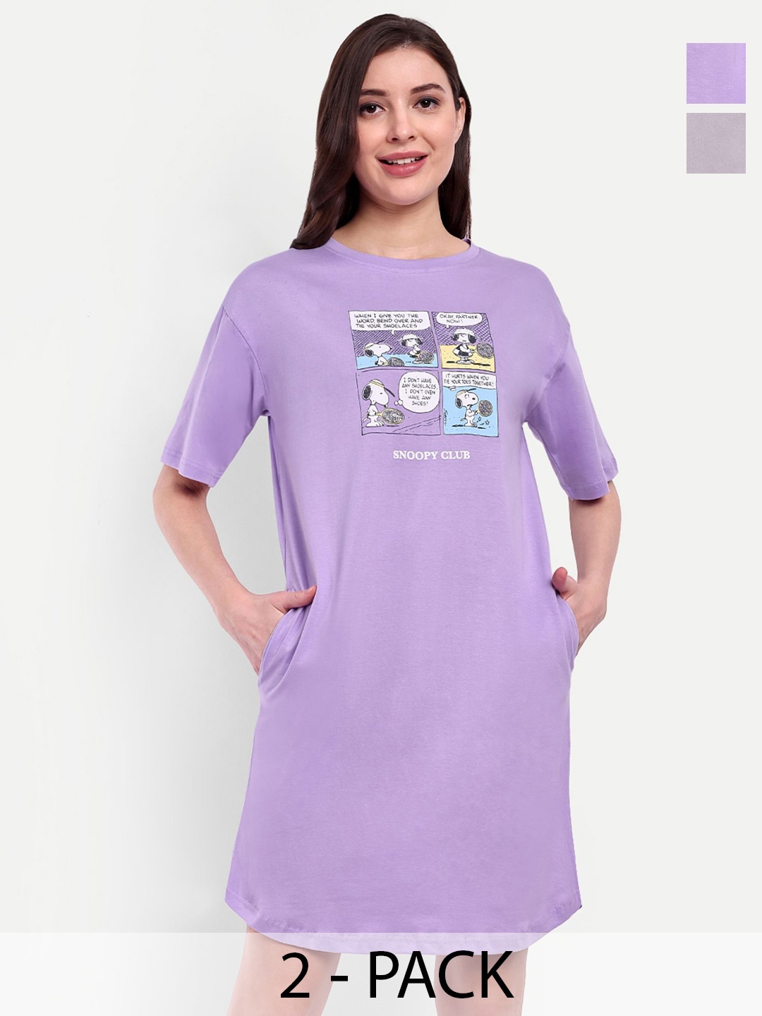 

Bedtime story Pack of 2 Printed Pure Cotton T-shirt Nightdress, Lavender