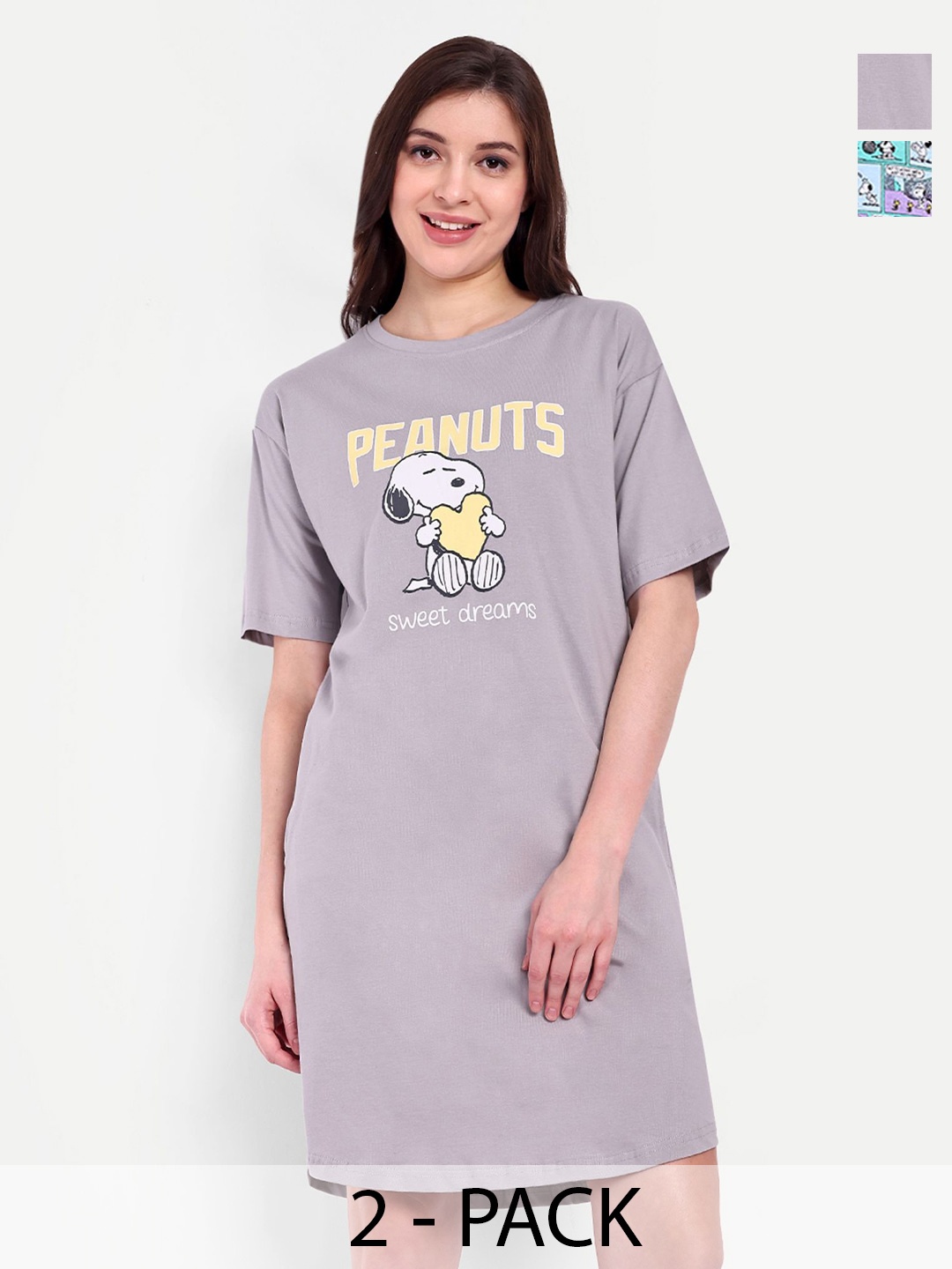 

Bedtime story Pack of 2 Printed Pure Cotton T-shirt Nightdress, Purple