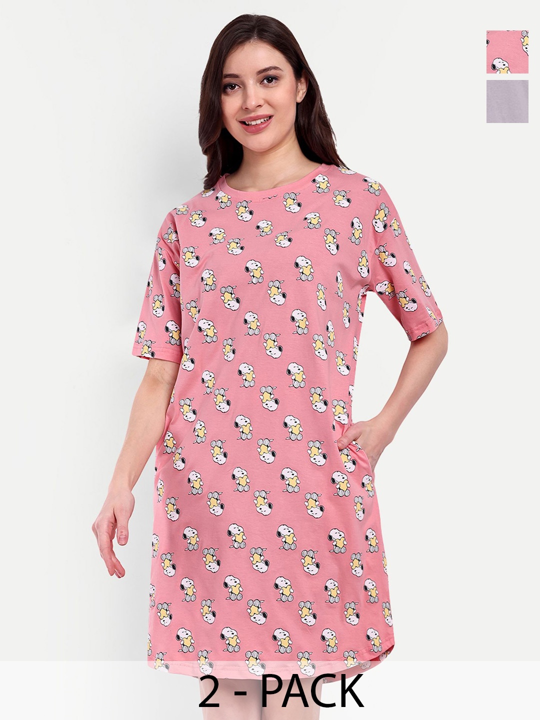 

Bedtime story Pack of 2 Printed Pure Cotton T-shirt Nightdress, Grey