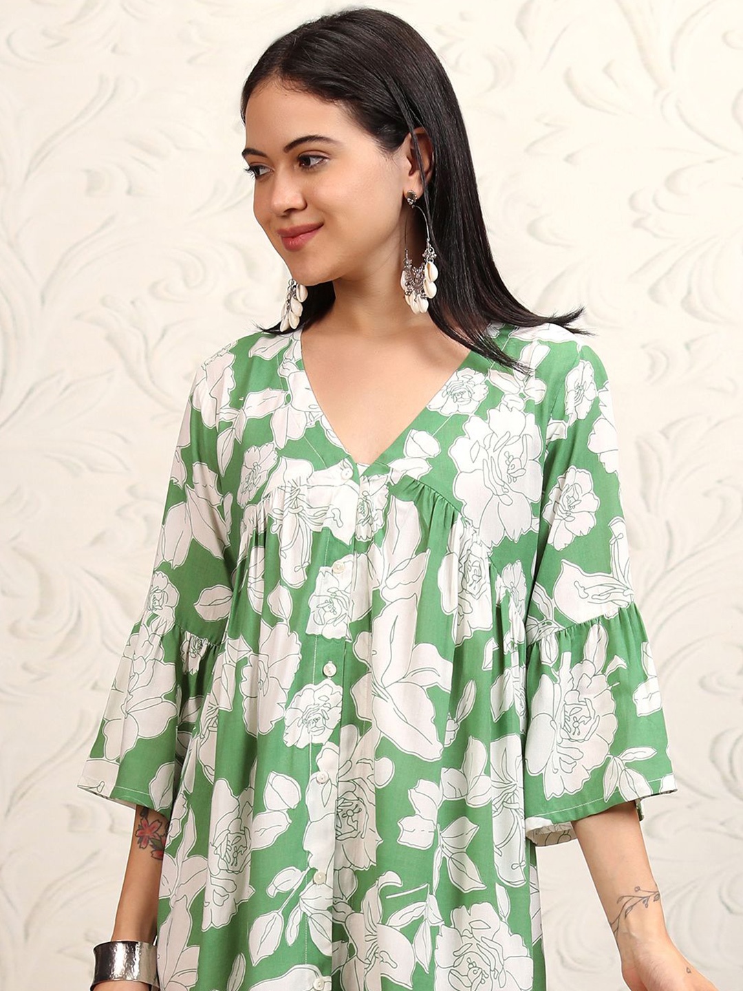 

Vishudh Floral Print Flared Sleeve A-Line Dress, Green