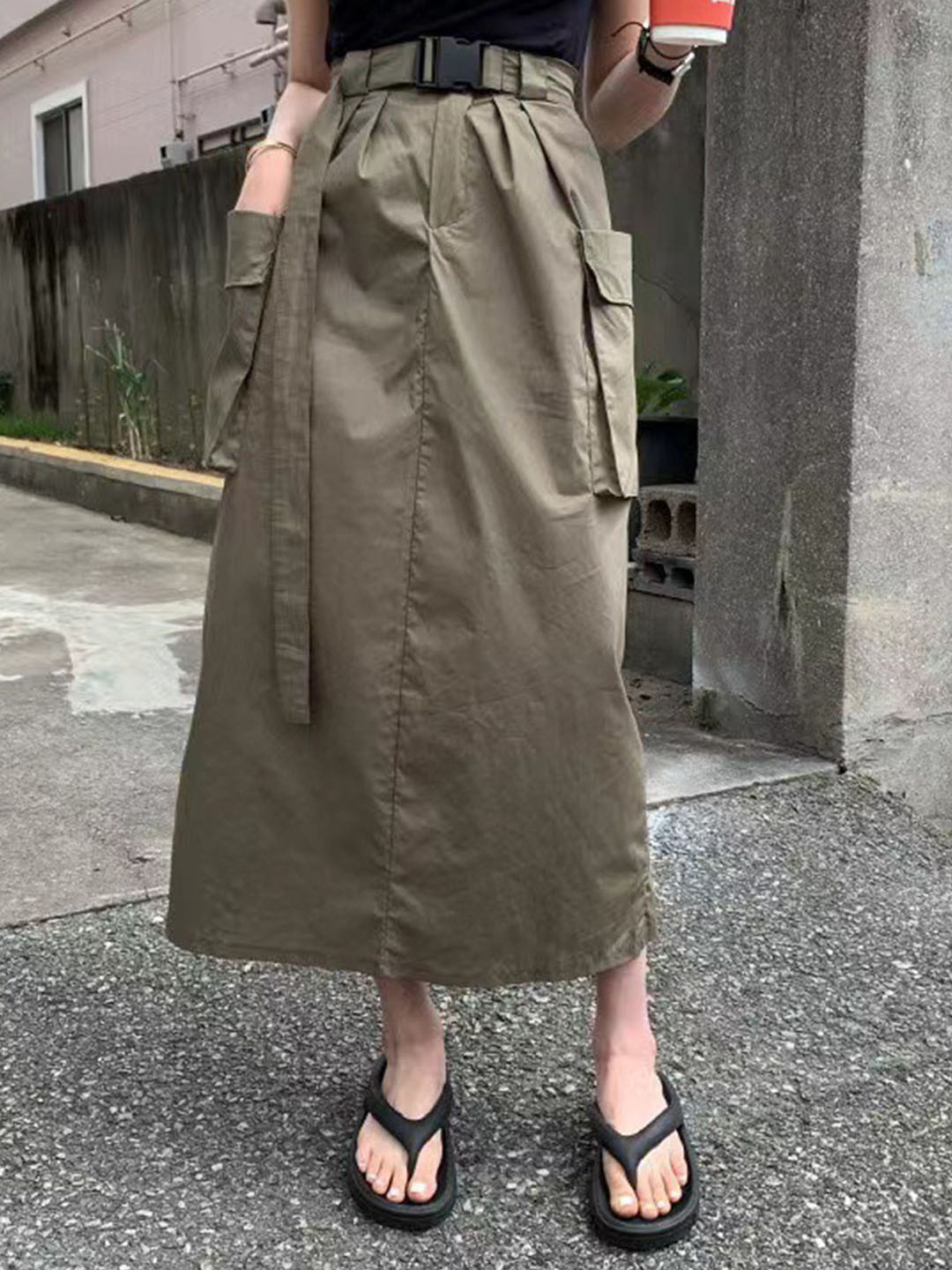 

LULU & SKY Midi Length A-Line Cargo Skirt, Green