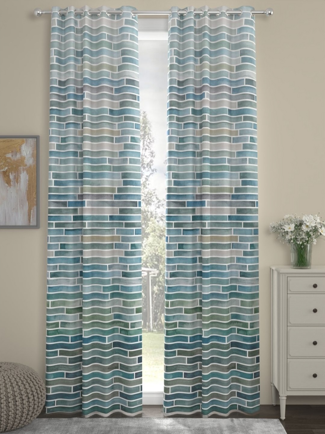 

Myntra Elegant Homes Teal & Green Set of 2 Geometric Door Curtain